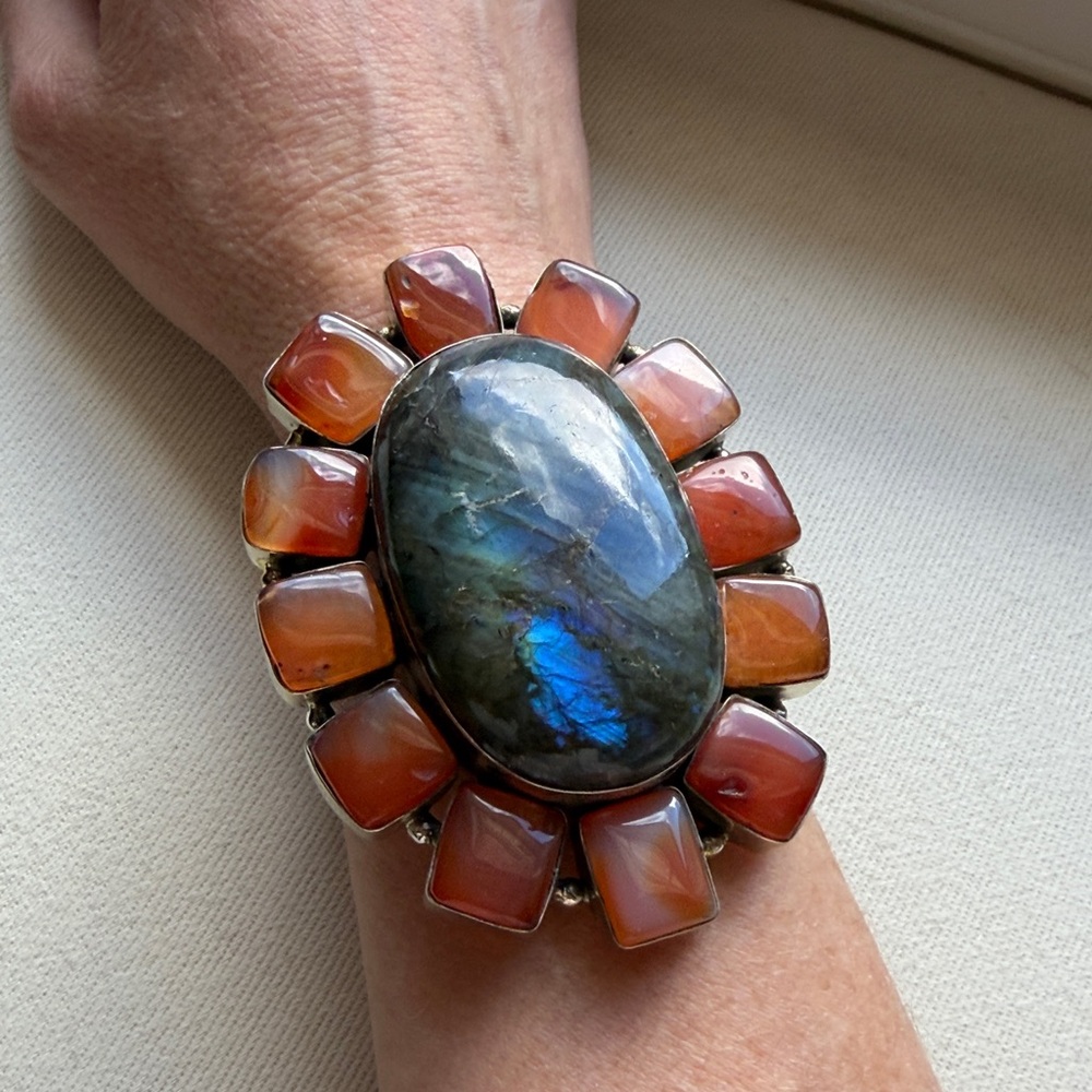 Silver Labradorite and Carnelian colors Statement Cuff Bracelet - Picture 2 of 5